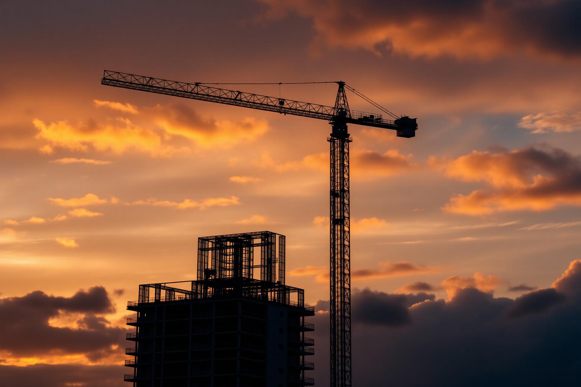 Obra com guindaste ao pôr do sol